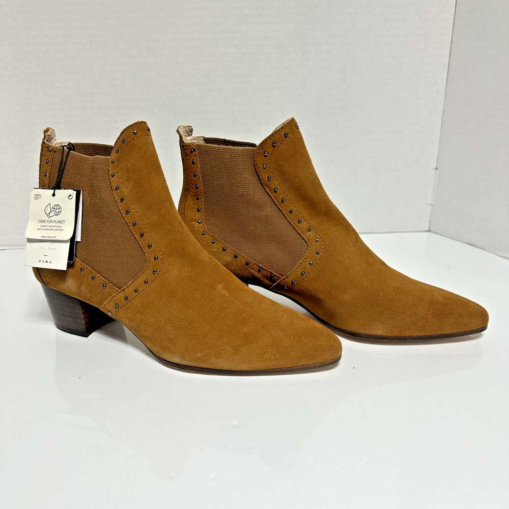 ZARA Womens Brown Suede Leather Studded Chelsea Ankle Boots US 10 EU 41